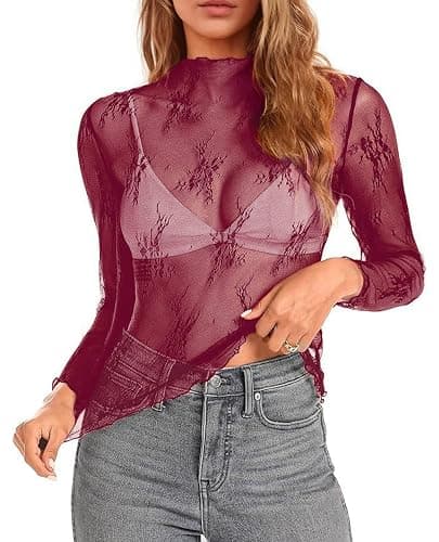 siliteelon Lace Tops for Women Mesh Long Sleeve Top Sheer Lace Shirt Floral Mock Neck Party Club Lace Undershirt - Image 1