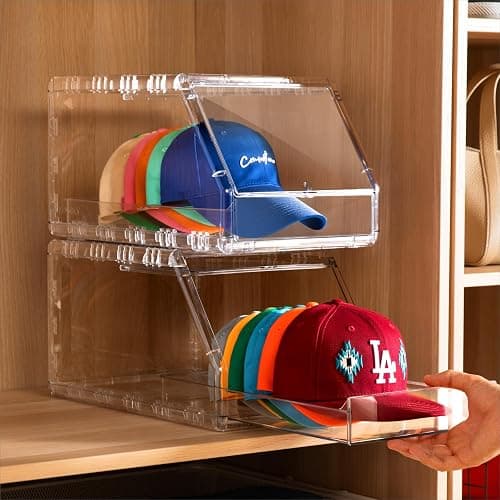 Ozueccr Hat Organizer Box – Stackable Clear Display Box with Sliding Drawer, Holds 15 Baseball Caps, Closet and Shelf Organizer for Hats, Transparent Display with Anti-Slip Feet - Image 1