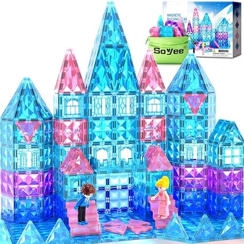 Magnetic Tiles 102pcs with 2 Stairs 2 Dolls Princess Castle Building Girls Toys Age 4-5 6-8 Magnetic Blocks Birthday Xmas Gifts for Girls Toys for 3 4 5 6 7 8+ Year Old - Image 1