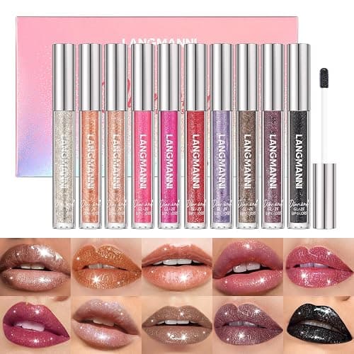 LANGMANNI 10 Colors Diamond Glitter Lip Gloss Set,Long Lasting High Shine Shimmer Liquid Lipstick Set,Hydrating,Moisturizing Lip Gloss Kit Gift Makeup For Girls - Image 1