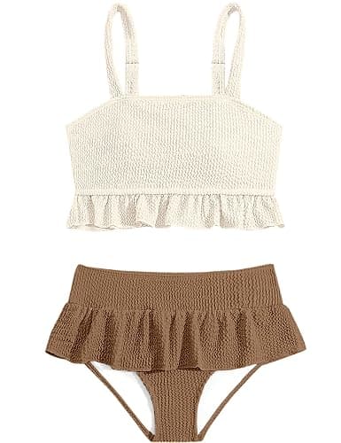Migu Girls Swimsuits with Ruffled Hem Cute Bikini 2 Piece Bathing Suits for Girls Swimwear - Beige+brown - 13-14 Years - Image 1