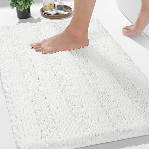 Yimobra Bathroom Rug Mat, Non Slip and Super Absorbent Bath Mat, Machine Washable Quick Dry, Ultra Plush Chenille Shower Rugs for Bathroom Floor Sink Tub and Shower Outside, White, 24 x 17 - Image 1
