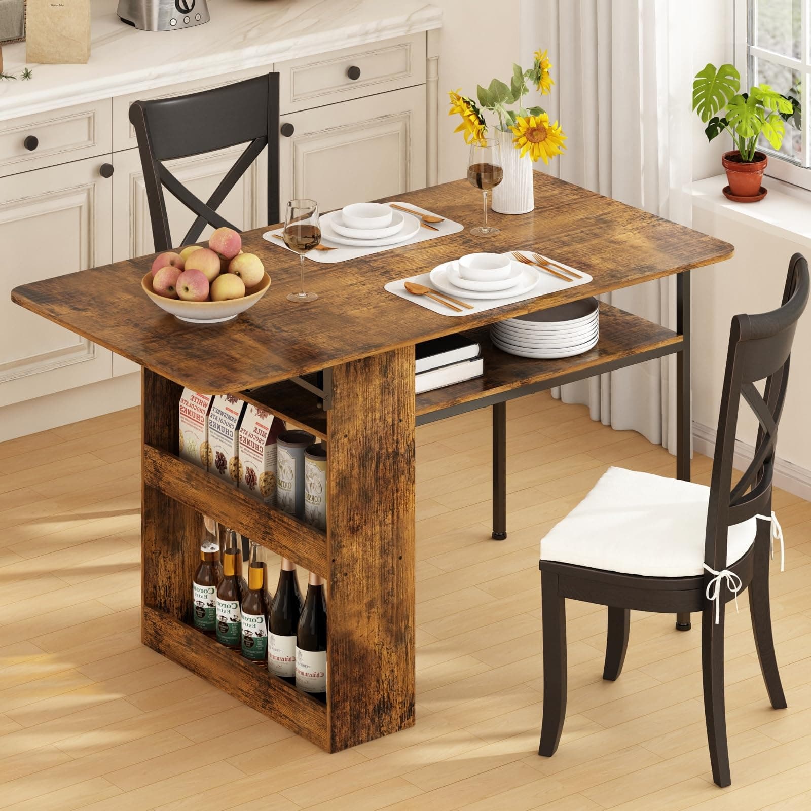 Mesa Plegable para Cocina, Mesa de Comedor con Estantes de Almacenamiento,Ahorro de Espacio, Mesa de Cocina 2 o 4 Personas Extensible, Adecuada para Sala de Estar, Cocinas, Terraza y Oficinas - Image 1