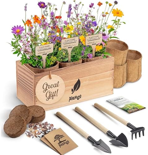 AVERGO Wildflower Seed Mix Growing Kit - Includes Perennial & Annual Wild Flowers, Burlap Planters, Soil, Wooden Box, and Gardening Tools for Indoor Garden and Patio Planting - Image 1