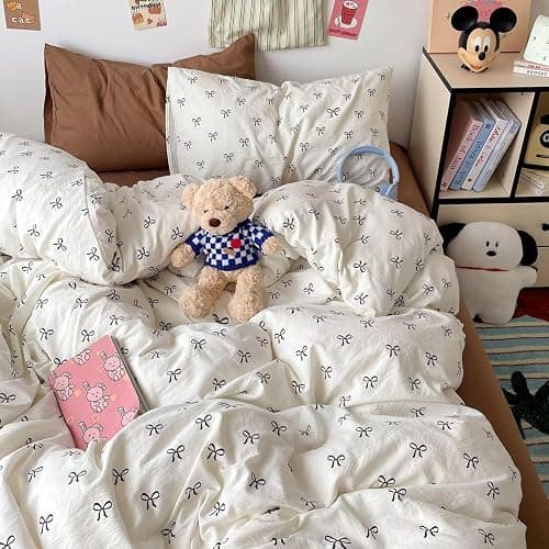 mixinni Vintage Bowknot Pattern Duvet Cover Set - Full Size, 3 Pieces (1 Duvet Cover + 2 Pillowcases) - Boho Chic Black Bow Design Bedding with Zipper Closure for Girls & Women - Full(80" x 90") - E # Black Bowknot - Image 1