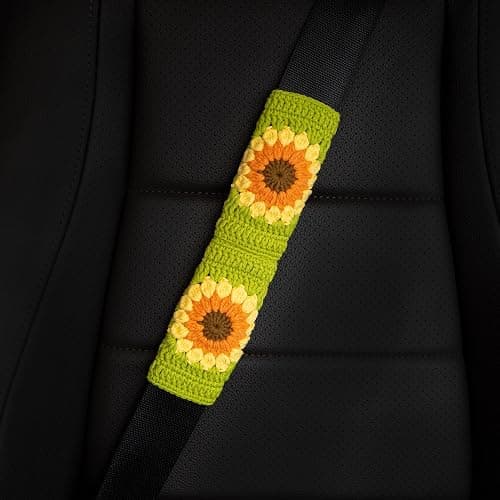 INEBIZ Crochet Seat Belt Cover Pads Boho Shoulder Cushion Sunflower Granny Squares Pattern Green Car Decor Cute Accessories for Women - Image 1