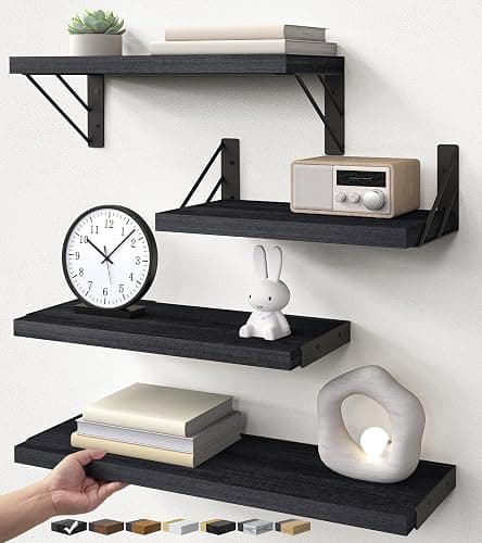 BAYKA Wall Mounted Floating Bathroom Shelves, Wood Wall Shelf for Bathroom Essentials & Decor, Space-Saving Display & Organizer (Black, Set of 4) - Image 1