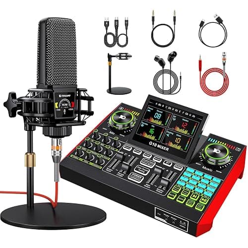 Podcast Microphone Bundle with Live Sound Card Audio Mixer, 3.5 mm Condenser Mic for PC/Phone Streaming & Singing, Recording Equipment with Voice Changer Soundboard - Image 1