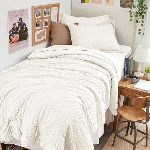 HYMOKEGE Ivory Twin XL Comforter Set Seersucker 5 Pieces, All Season Luxury Bed in a Bag for Bedroom, Bedding Set with Comforter, Sheets, Pillowcase & Sham - Image 1