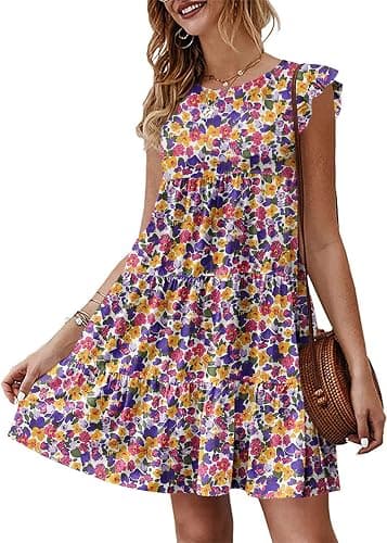KIRUNDO Women's Summer Dresses Sleeveless Ruffle Sleeve Round Neck Solid Loose Short Flowy Pleated Mini Babydoll Dress - Floral3-white Purple - Large - Image 1
