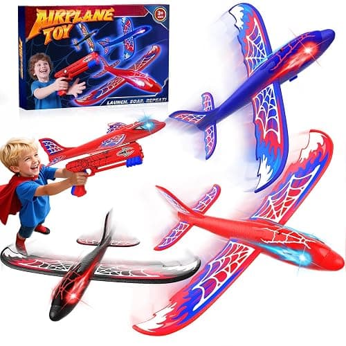 3 Pack Airplane Launcher Toy with Glowing Eyes & Web-Pattern Wings,2 Flight Modes Outdoor Games for Kids,Boys Toys Age 3-12,Birthday Gifts for 3 4 5 6 7 8 9 10 11 12 Year Old,Kids Gift(Red&Blue&Black) - Image 1