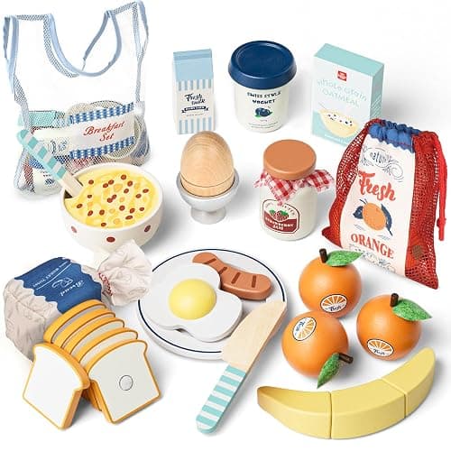 Lehoo Castle Wooden Play Food Set - Montessori Cutting Fruit Egg Bread, Pretend Breakfast Food Toys for Kids Kitchen, Educational Toddler Toys 3-5 Years, with Storage Bag, Birthday Gift for Boys Girls - Image 1
