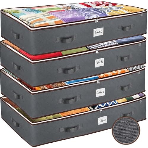 Under Bed Storage Bins - Pack Of 4 Under The Bed Storage Containers For Clothes, Blankets, Winter Clothing, & Shoes - Underbed Storage Containers With Handles, Dual Zippers, & Clear Top - Gray - 4 Pack - Image 1