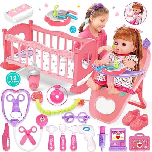 Baby Doll Toys Set, 14" Doll Toys, 25Pcs Doll Care Toy Playset, Toddlers Toy Doll Set Incl Cradle Crib, High Chair, Milk Bottle, Pacifier, Diaper, Baby Toy Gift for Age 3 4 5 6+ Years Old Girls Boys - E Doll Set:25PCS - Image 1