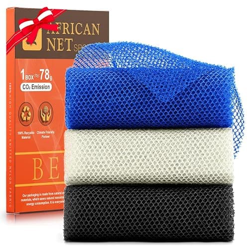 UJFQBH 3 Pieces African Bath Sponge African Net Long Net Bath Sponge | Exfoliating Shower Body Scrubber Back Scrubber Skin Smoother,Great for Daily Use(Blue,Black,Off-White) - Image 1