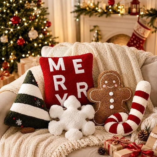 Geelin 5 Pcs Christmas Throw Pillows Gingerbread Christmas Tree Pillows Snowflake Candy Canes Shape Pillows Stuffed Plush Merry Christmas Decorations for Bed Home Sofa Couch Party - Image 1