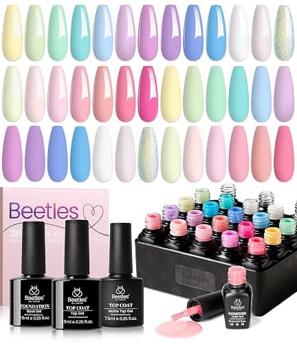beetles Gel Polish Nail Set 20 Colors Spring Pastel Girly Sparkle Glitter Uv Gel Dreamy Town Collection Macaroon Bright Pastel Nail Manicure Kit with 3Pcs Base Top Coat Gift for Women - Image 1