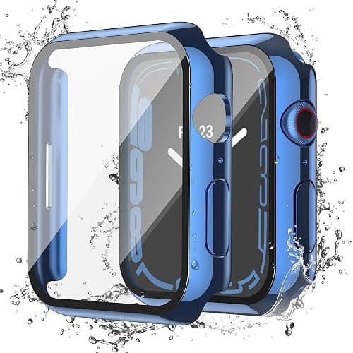 Misxi [2 Pack Waterproof Anti-Scratch Case with Button for Apple Watch Series 9 (2023) Series 8 Series 7 45mm, Hard PC Cover with Tempered Glass Screen Protector for iWatch, 1 Blue + 1 Transparent - Image 1