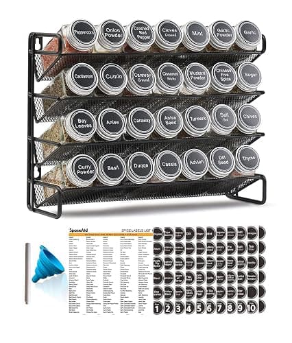 SpaceAid Spice Rack Organizer with 28 Spice Jars, 386 Spice Labels, Chalk Marker and Funnel Set for Cabinet, Countertop, Pantry, Cupboard or Door & Wall Mount - 28 Jars, 13.4" W × 10.8" H, Black - Image 1
