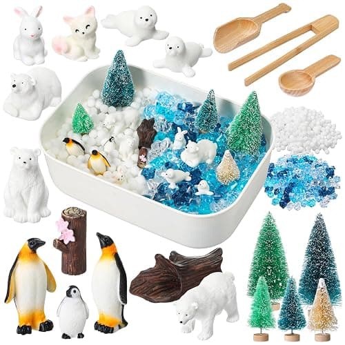 Skylety Winter Christmas Sensory Bin with Arctic Figures Artificial Mini Christmas Tree Wonderland Sensory Education for Pretend Sorting Counting Training Gift (Arctic) - Image 1