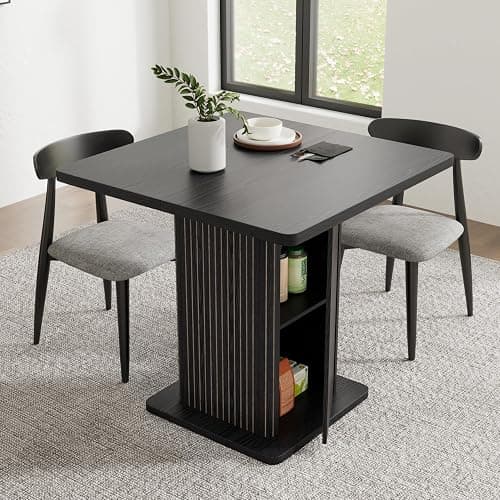 Small Black Dining Table for 2-4, 31.5 Inch Farmhouse Square Kitchen Table with 2-Tier Storage Shelf, Modern Wood Dinner Furniture with Fluted Doors, Dining Room, Living Room, Space Saving - Image 1