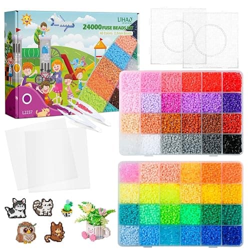 LIHAO 24000 PCS Fuse Beads 2.6mm Fuse Beads Kits 48 Color Iron Beads Set with 2 Pegboards 2 Tweezers 2 Ironing Papersfor DIY Craft Making - Image 1