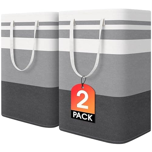 HomeHacks 2 Pack Large Laundry Baskets, Waterproof, Freestanding Laundry Hampers, Collapsible Clothes Hamper with Reinforced Handles in Laundry Room, College Dorm, Bathroom, Bedroom (Grey, 75Lx2) - Image 1