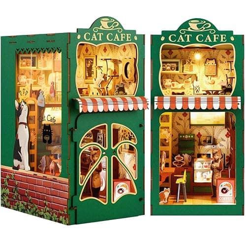 DIY Book Nook Kit,3D Holzpuzzle Miniatur Booknook Bücherregal Dekor mit LED-Beleuchtung,Bastelset Erwachsene,DIY Puppenhaus Holz Haus Kit(Kaffeehaus der Katze) - Image 1
