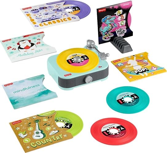 Fisher-Price Musical Toy Deluxe Rockin’ Record Player Pretend Turntable with 6 Albums for Preschool Play Plus Bonus Exclusive Holiday Album Kids Ages 3+ Years (Amazon Exclusive) - Image 1