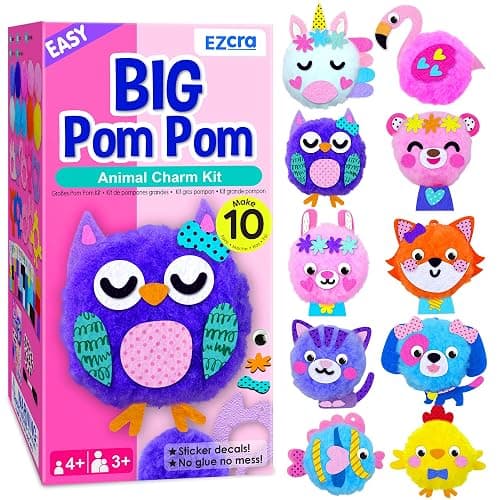EZCRA Kids Crafts Ages 4-8 – 10 Plush Pom Pom Animal All-in-One DIY Craft Set – Felt Stickers, Educational & Creative Gift for Girls & Boys - Image 1