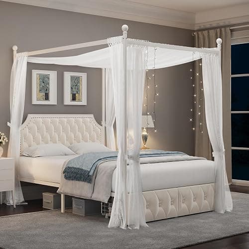 Keyluv Queen Upholstered Canopy Bed Frame with 2 Drawers and Button Tufted Headboard, Metal Platform Bed with 4 Removable Posts Two-Purpose Velvet Bed No Box Spring Needed, Beige/Curtains Not Included - Beige - Queen - Image 1