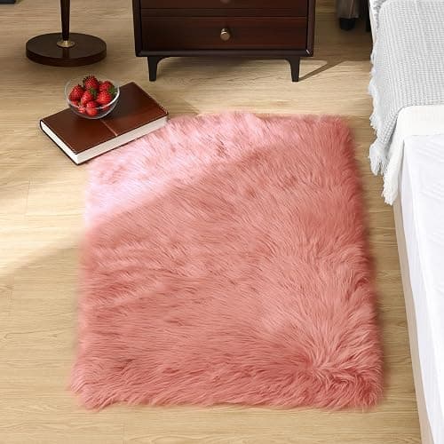 Goolela Pink Fluffy Fur Rug Fuzzy Furry Faux Sheepskin Pink Carpet 2x3 for Girls Bedroom Bedside Playroom Small Decor Cute Plush Washable Rectangle - Image 1