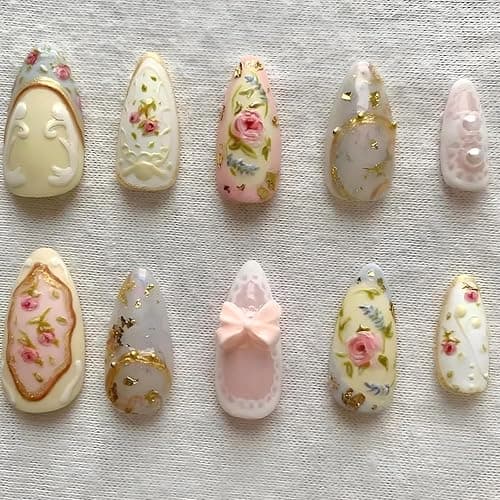 30Pcs Retro Flowers Press on Nails Medium Almond Fake Nails 3D Embossed with Floral Rose Pearl Design Stick on Nails Cute Bow False Nails Spring Summer Acrylic Nails Vintage Glue on Nails for Women - Image 1