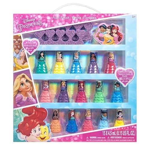Disney Princess 15 Piece Water-Based Nail Polish with 3 Toe Spacers, Quick Dry, Peel Off, Gift Kit Set for Kids Girls, Ages 3 by Townley Girl - Image 1