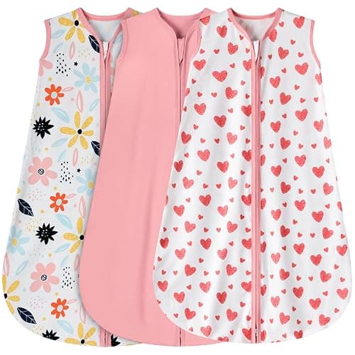 BSTOPPT 3 Pack Baby Sleep Sack 6-12 Months 100% Rayon Cotton Baby Sleeping Bag 2-Way Zipper Toddler Wearable Blankets TOG 0.3 (Heart&Pink&Floral) - Heart&pink&floral - Medium - Image 1