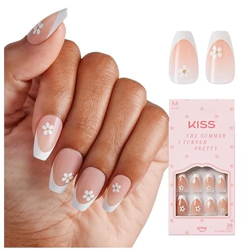 KISS | The Summer I Turned Pretty French Tip Press On Nails, ‘Sunlit Days’, Medium Coffin, Includes Pink Gel Nail Glue (2g), Mini Nail File, Cuticle Stick, & 28 Fake Nails - Sunlit Days - Glue on - Image 1