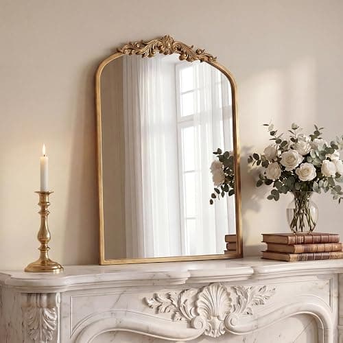 PERFNIQUE Vintage Mirror, 30" X 19" Arched Antique Baroque Wall Mirror, Gold Traditional Wall Decor, Ornate Wall Decor Anthro Look Alike Mirror for Bathroom Living Room Fireplace Entryway Hallway - Image 1