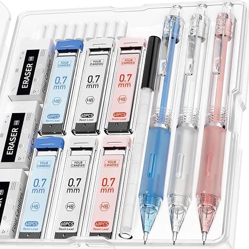 Four Candies Mechanical Pencil Set with Case, 3PCS Aesthetic Mechanical Pencils 0.7mm with 360PCS HB Lead Refills, 12PCS Erasers, Cute Mechanical Pencils for Writing, Drawing and Sketching - Image 1