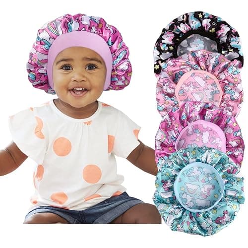 4 Pcs Silk Bonnet for Sleeping Kids Bonnets for Girls Baby Satin Sleep Cap Hair Wraps for Curly Natural Hair Elastic Wide Band - Image 1