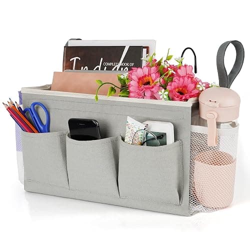 Lilithye Bedside Storage Organizer with Fixed Straps and Water Bottle Holder for Home, College, Dorm, Bunk / Hospital Bed, Crib Bed Rails (Grey) - Image 1