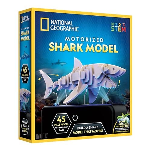 National Geographic Motorized Shark 3D Puzzle - 45-Piece 3D Wood Model Kit with Light-Up Motorized Display Base with 8 Light Settings, 3D Puzzles for Kids, Wooden Animal Puzzle, Shark Toy - Image 1