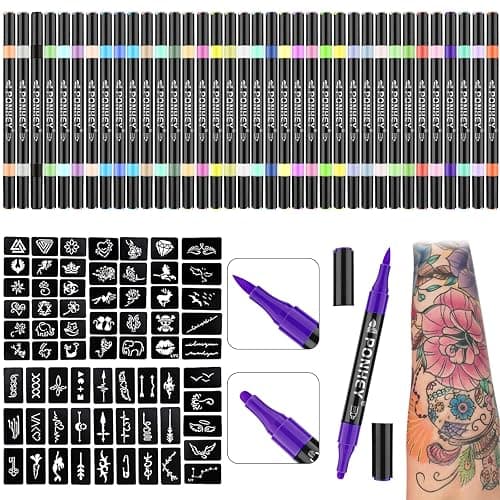 Ponhey Temporary Tattoo Markers for Skin, 36 Body Markers+67 Large Tattoo Stencils,Dual-End Tattoo Pens,Fine Lines with Cosmetic-Grade,Flexible, Skin-Safe Face Paint Kit for Kids Teenage Adults - Image 1