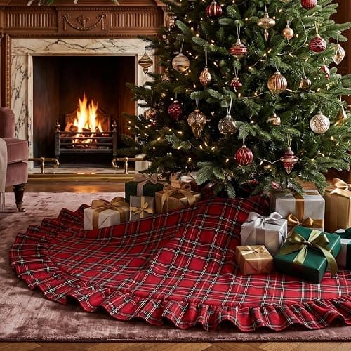 Hungdao Red Plaid Christmas Tree Skirt with Ruffle Edge Bow Accent Holiday Tree Skirt Decoration Farmhouse Xmas Party Trees Mat for Home Seasonal Decor (48 Inch) - Image 1