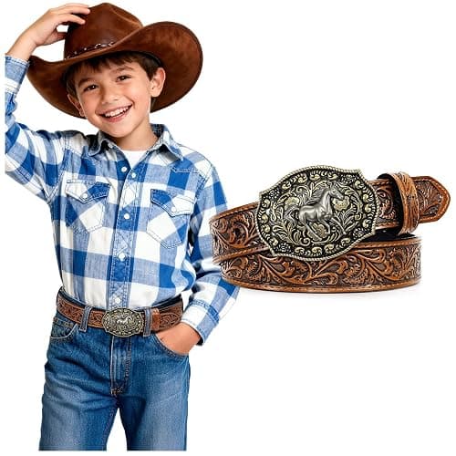 SANSTHS Kids Western Belt for Boys Girls Genuine Leather Cowboy Cowgirl Belts with Detachable Buckle for Jeans Western Gifts - Image 1