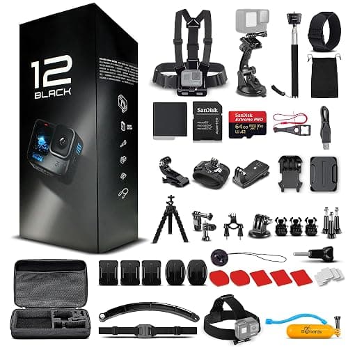 GoPro HERO12 (Hero 12) Black - Waterproof Action Camera with 5.3K HDR Video, 27MP Photos, 1/1.9" Image Sensor, Live Streaming, Webcam, Stabilization + 64GB Card & 50 Piece Accessory Kit - Bundle - Image 1