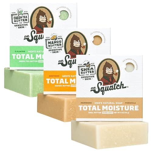 Dr. Squatch NEW Total Moisture Bar Soap for Men - No Added Fragrance Formulated for Sensitive Skin - Shea Butter, Mango Butter & Green Tea Butter (5 oz, 3-pack) - Image 1