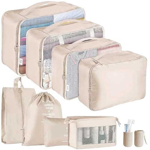 Jsdoin Packing Cubes for Suitcase,9PCS Travel Luggage Packing Organizers for Backpack, Waterproof Travel Essentials Bag Accessories(Beige) - Image 1