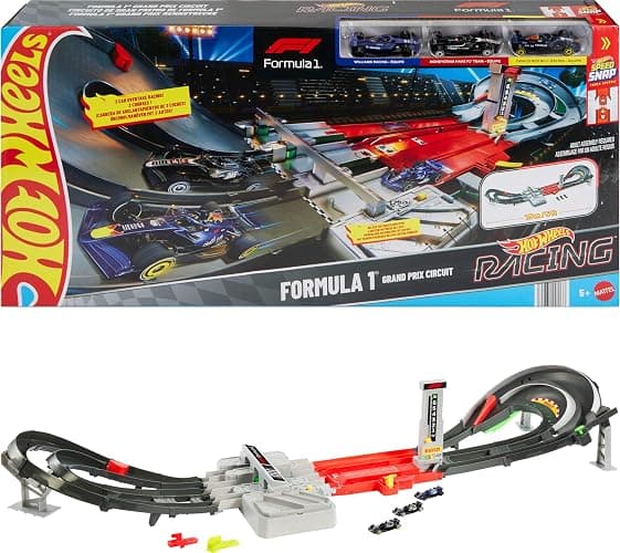 Hot Wheels Toy Car Track Set, Formula 1 Grand Prix Circuit Track Set with 3 1:64 Scale Die-Cast Toy Cars, Two Modes of Racing with a Motorized Booster - Image 1