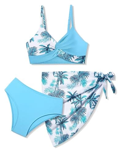 Girls Swimsuit, Bathing Suits 3 Piece Tropical Floral Twist Cross Bikini Sets Girls' Swimwear with Cover Up Skirt 7-16T - Image 1