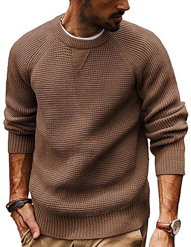 PJ PAUL JONES Mens Crewneck Sweater Waffle Knitted Pullover Sweaters Raglan Sleeve Knitwear Sweaters - Image 1